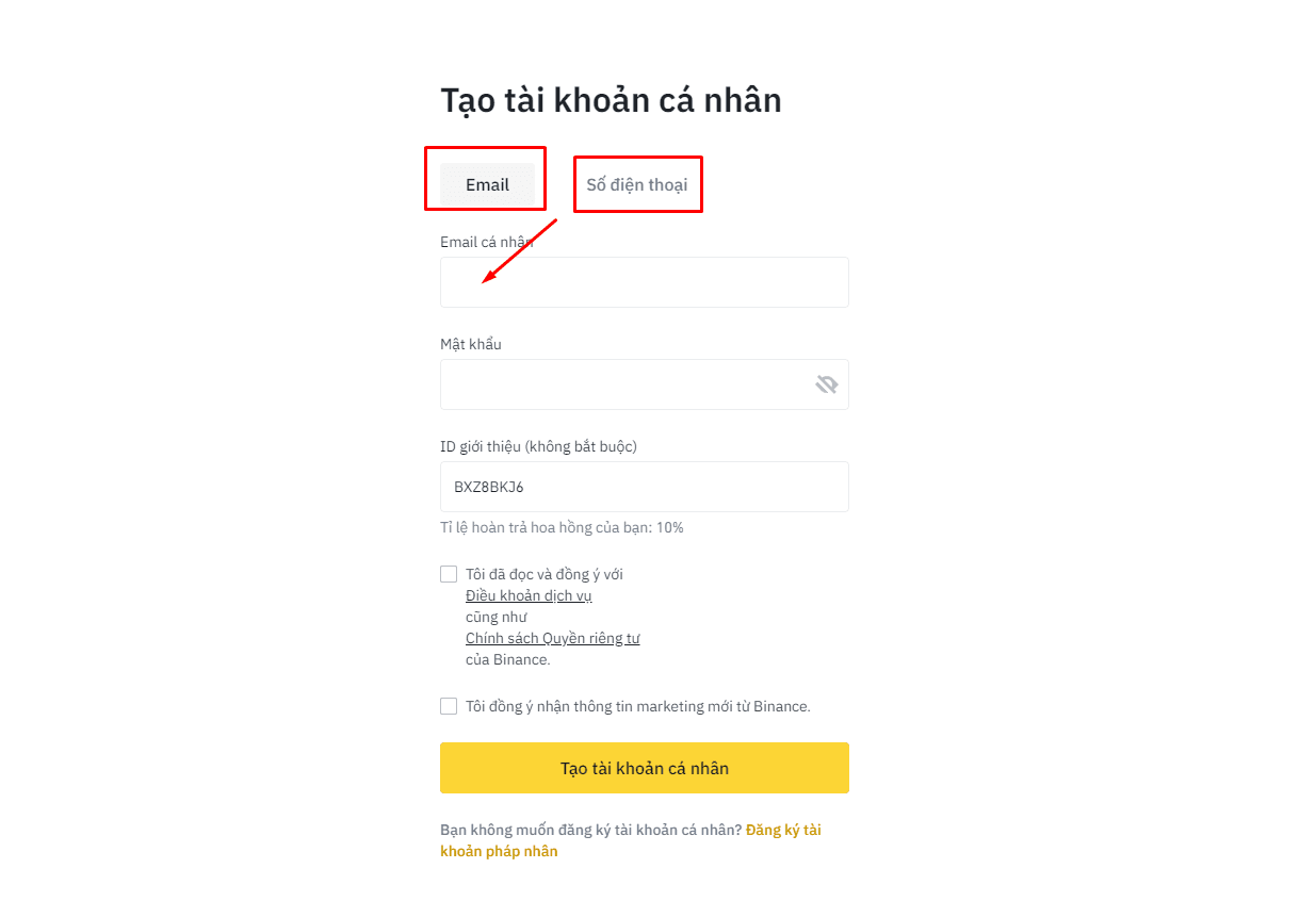 Nhập số điện thoại hoặc email để đăng ký tài khoản binance